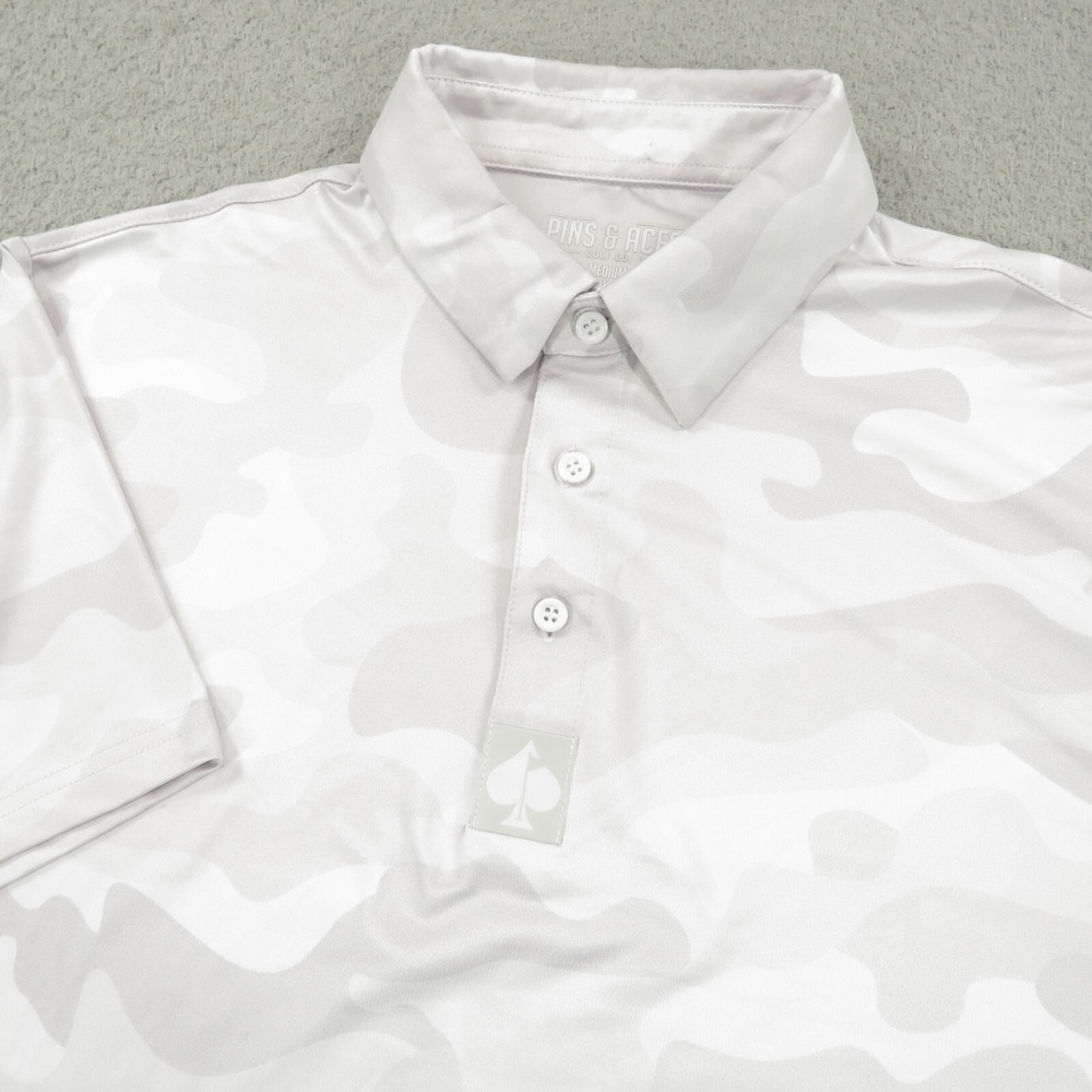 Pins & Aces Golf Polo Mens Medium White Gray Camo Performance Shirt Spade Logo